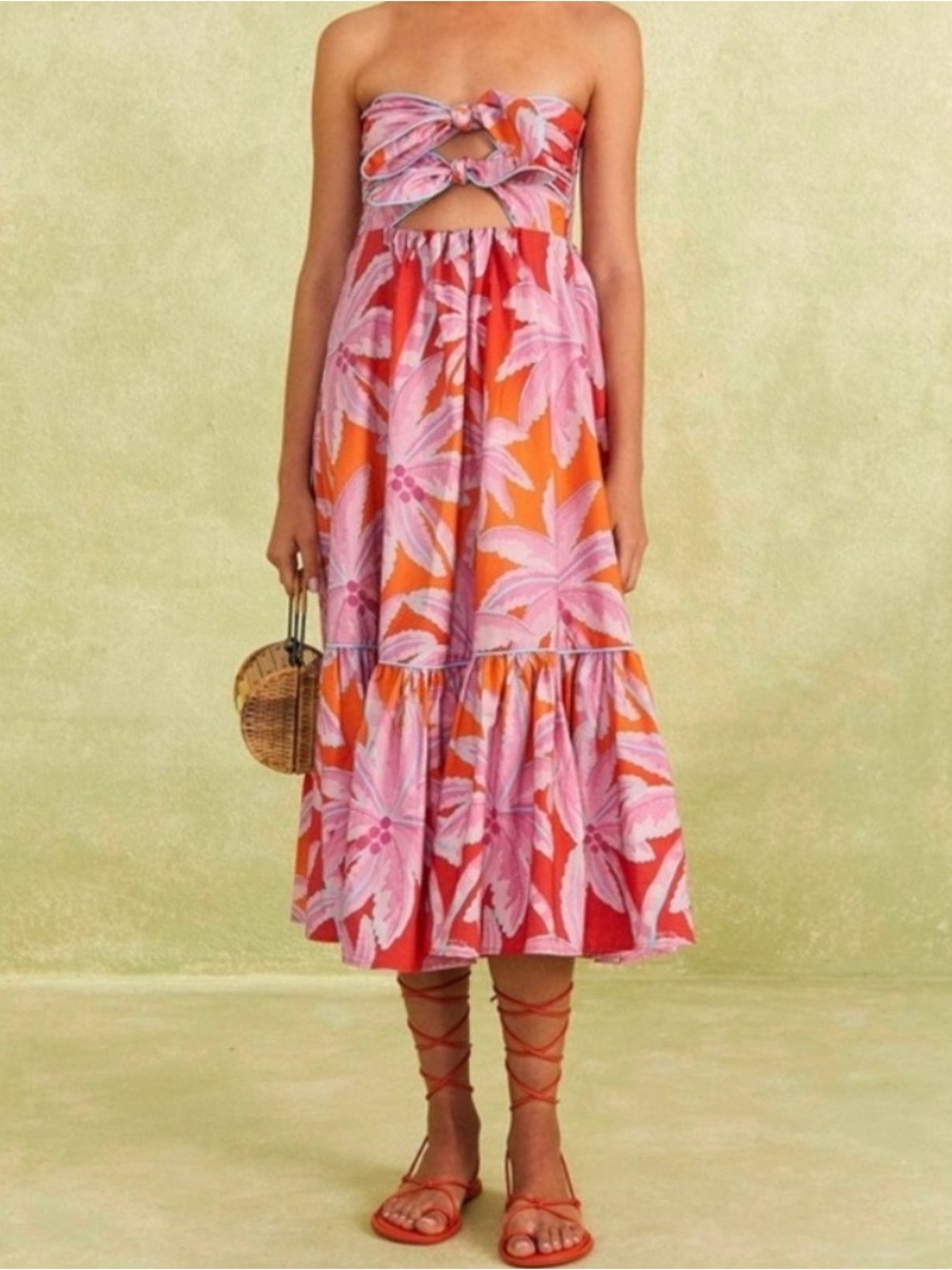 FARM Rio Coconut Tree Pink & Orange Strapless Tropical Tie-Front Midi Dress